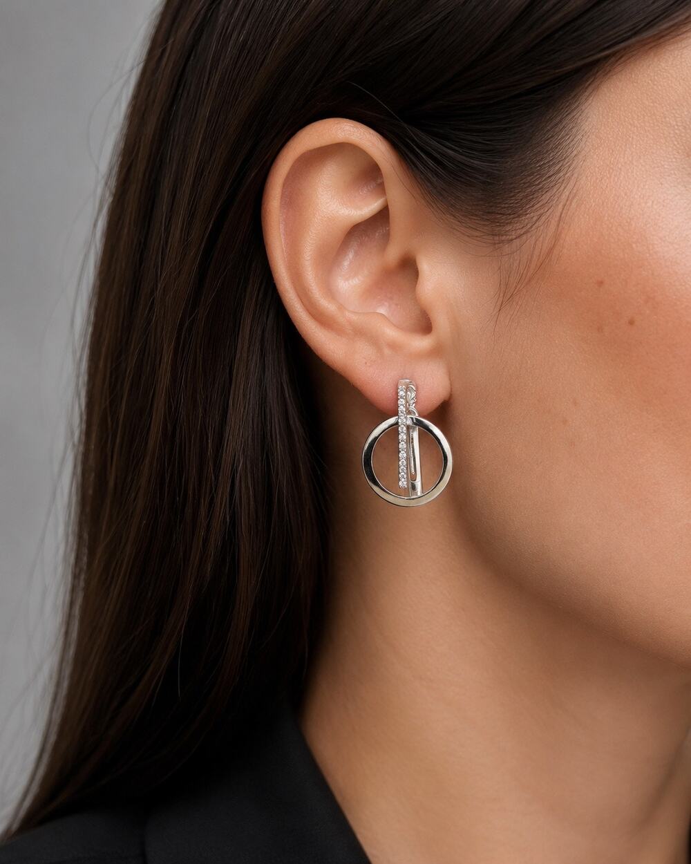 Silver Tone Rhinestone Bar Geometric Circle Drop Earrings Modern Statement